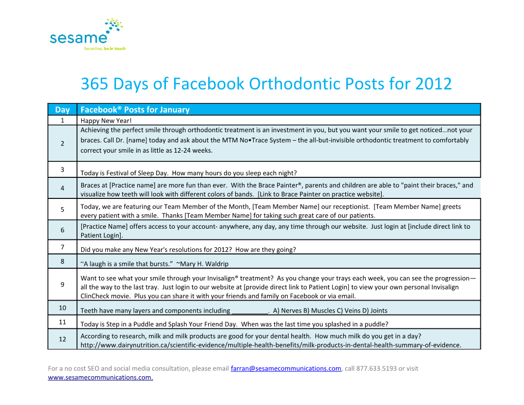365 Days of Facebook Orthodontic Posts for 2012