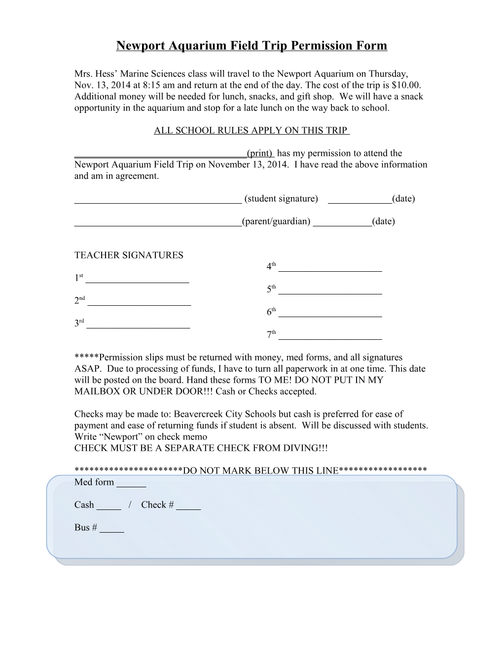 Newport Aquarium Field Trip Permission Form