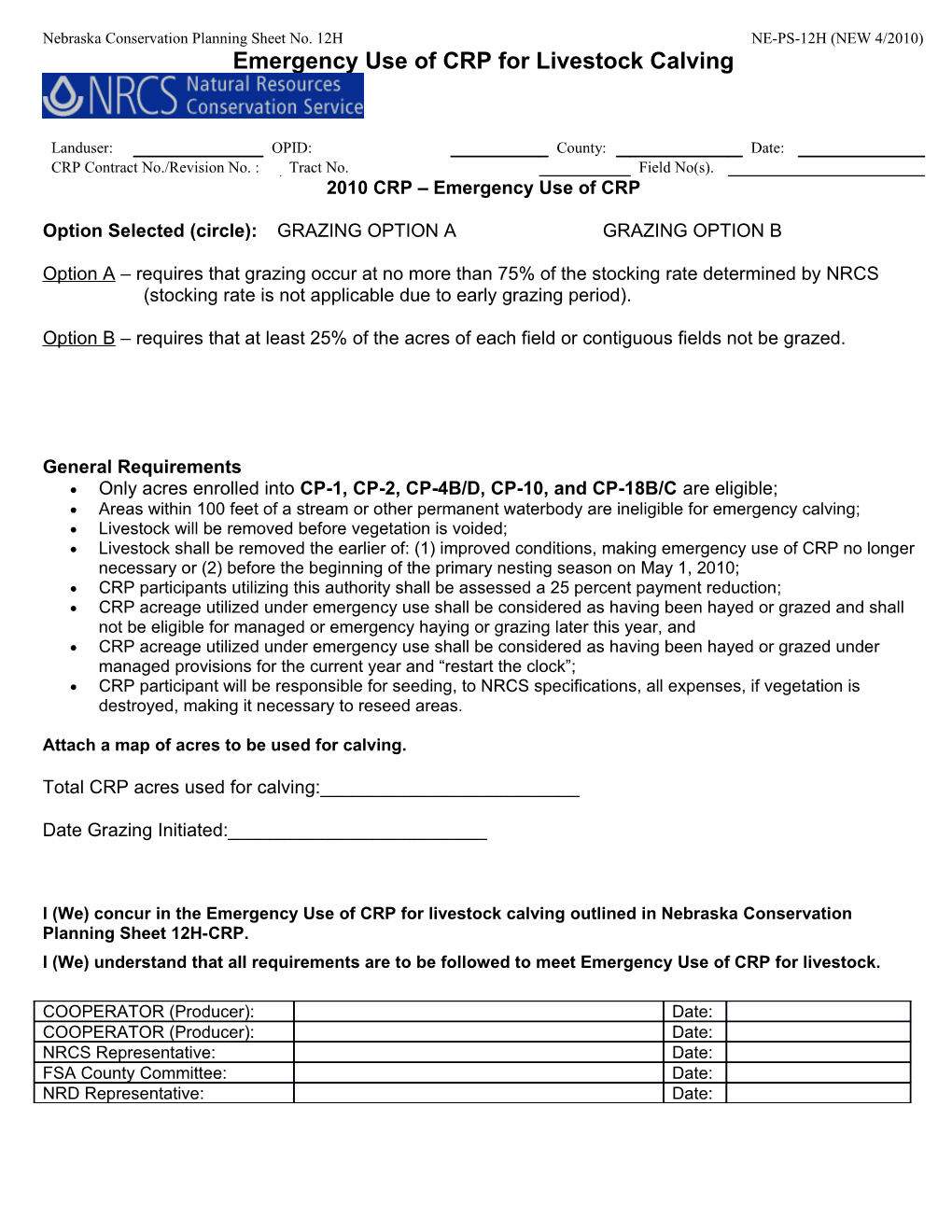 Planning Sheet 12A - CRP Prescribed Grazing Management - Grazing Only on CRP