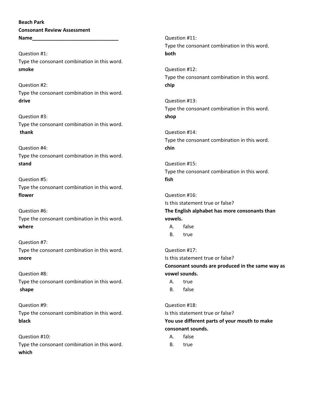 Consonant Review Assessment