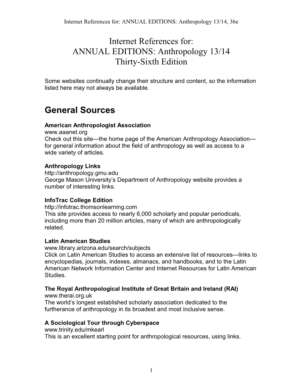 Internet References For: ANNUAL EDITIONS: Anthropology 13/14, 36E