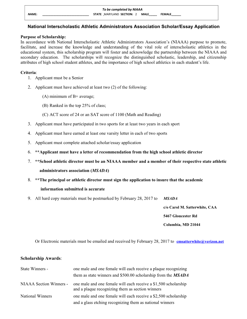National Interscholastic Athletic Administrators Association Scholar/Essay Application