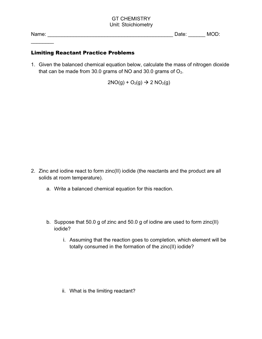 Limiting Reactant Practice Problems