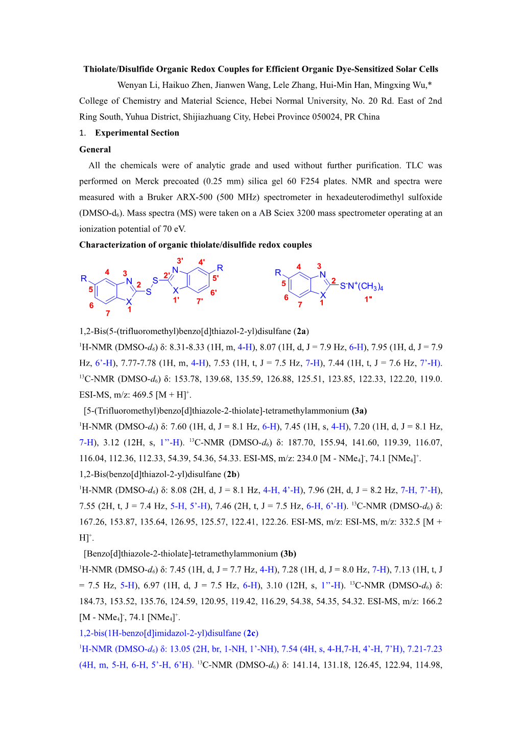 Thiolate/Disulfide Organic Redox Couples for Efficient Organic Dye-Sensitized Solar Cells