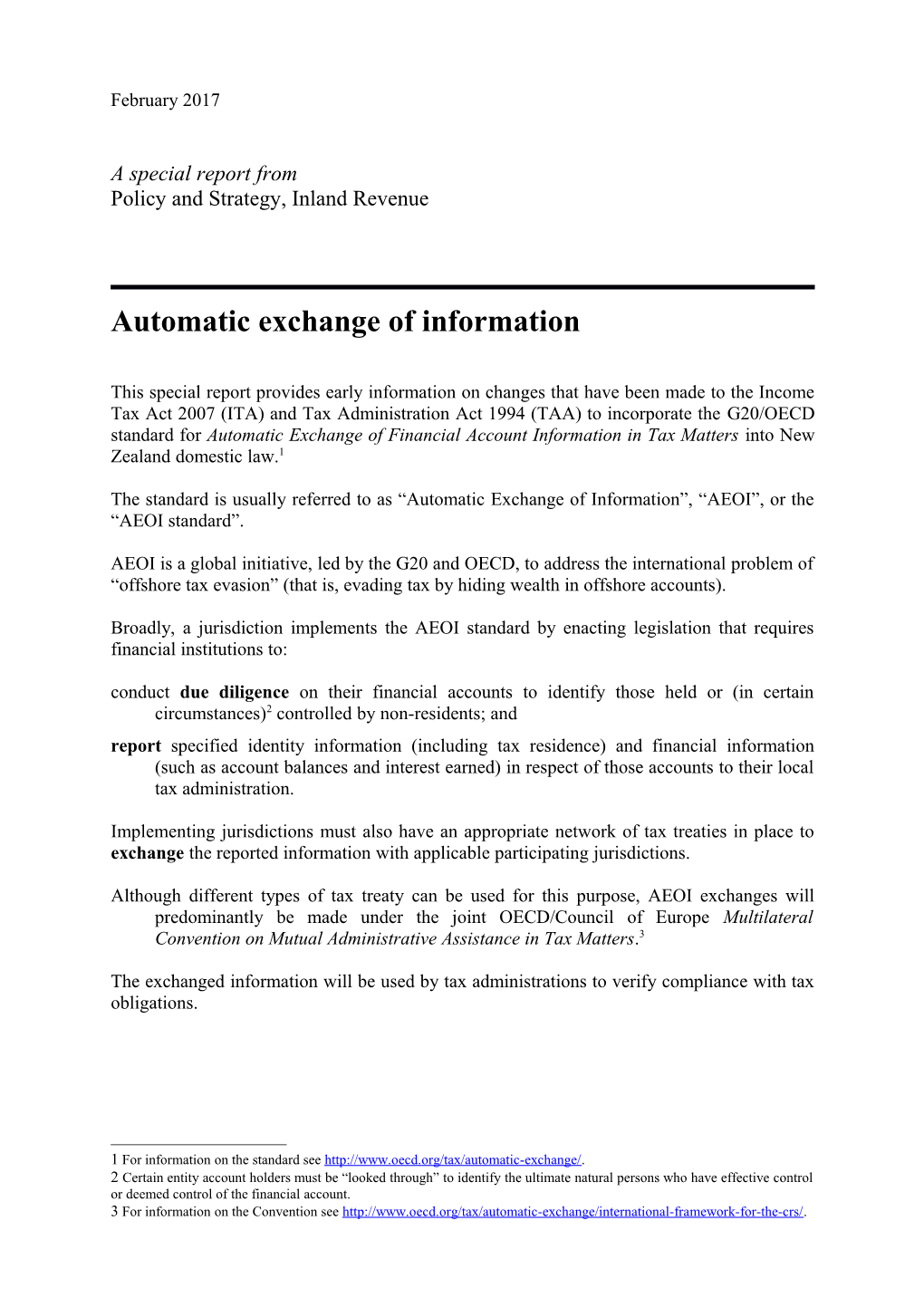 Special Report on Automatic Exchange of Information (February 2017)