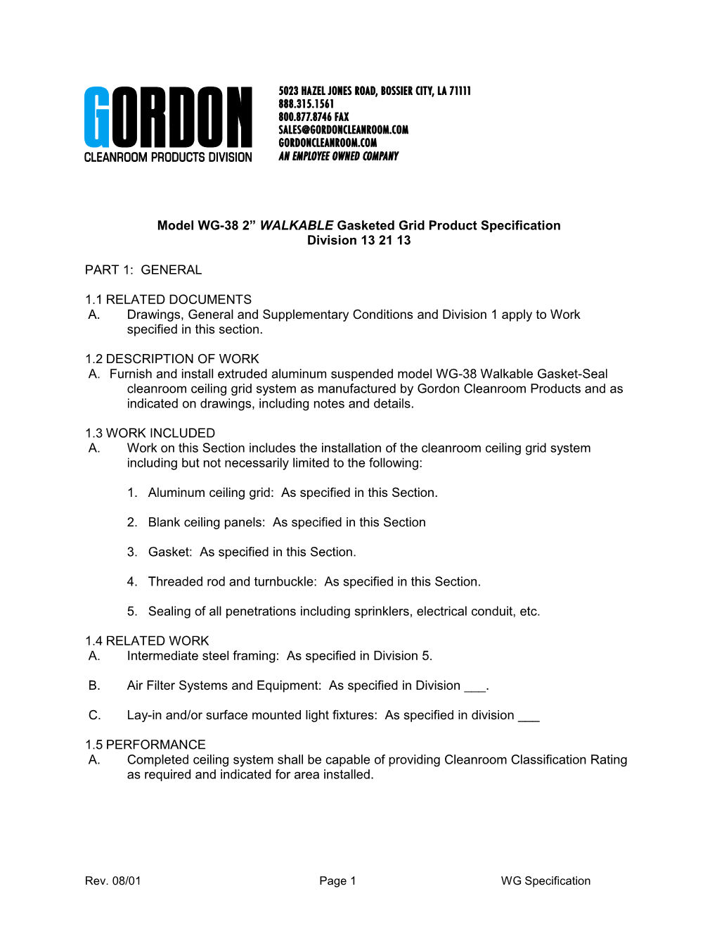 Model WG-38 2 WALKABLE Gasketed Grid Product Specification