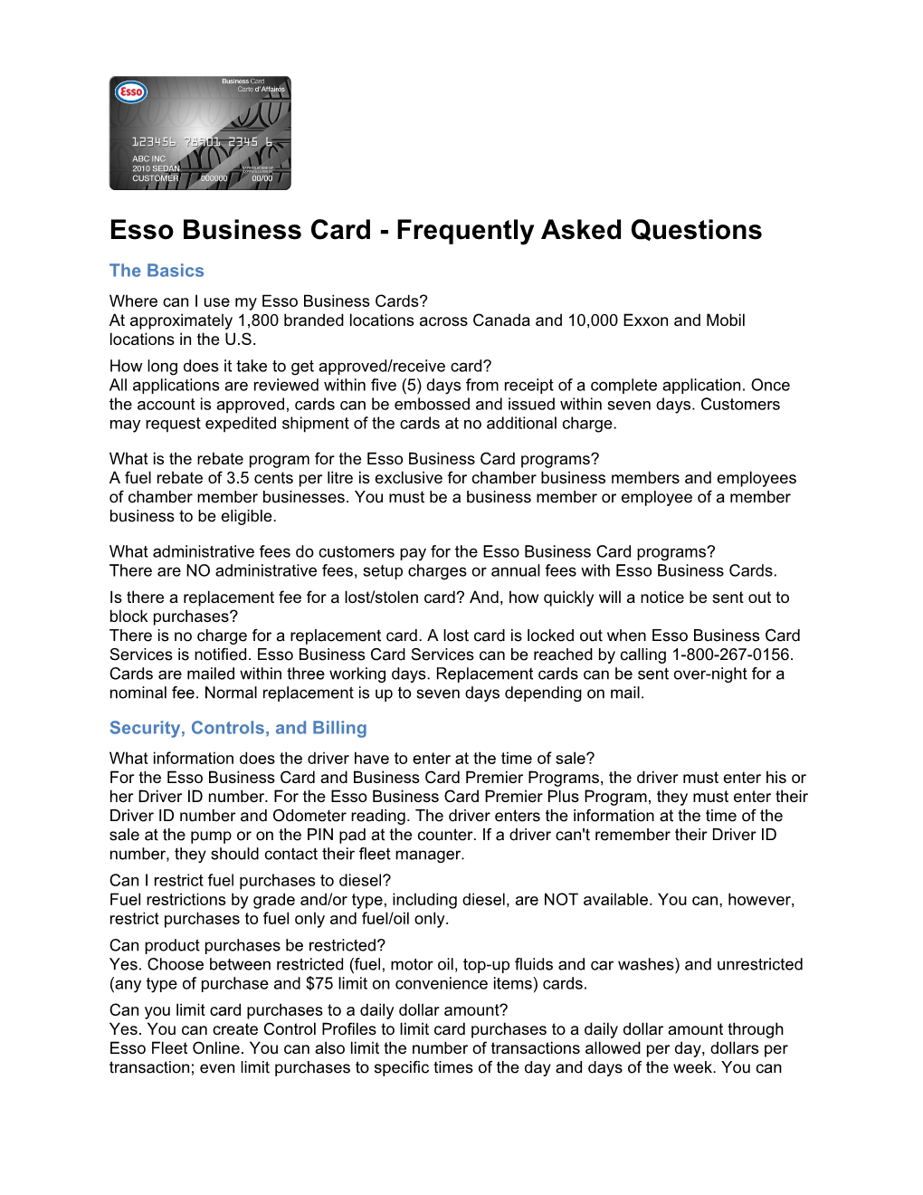 Esso Business Card - Frequently Asked Questions