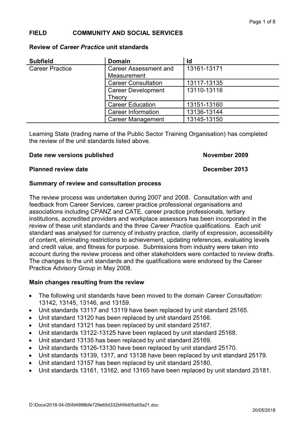 Review of Career Practice Unit Standards