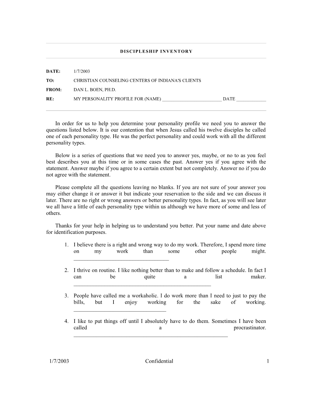 1/7/2003 Discipleship Inventory: Your Personality Profile 5