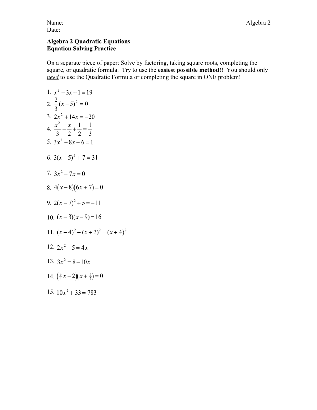 Algebra 2 Quadratic Word Problems