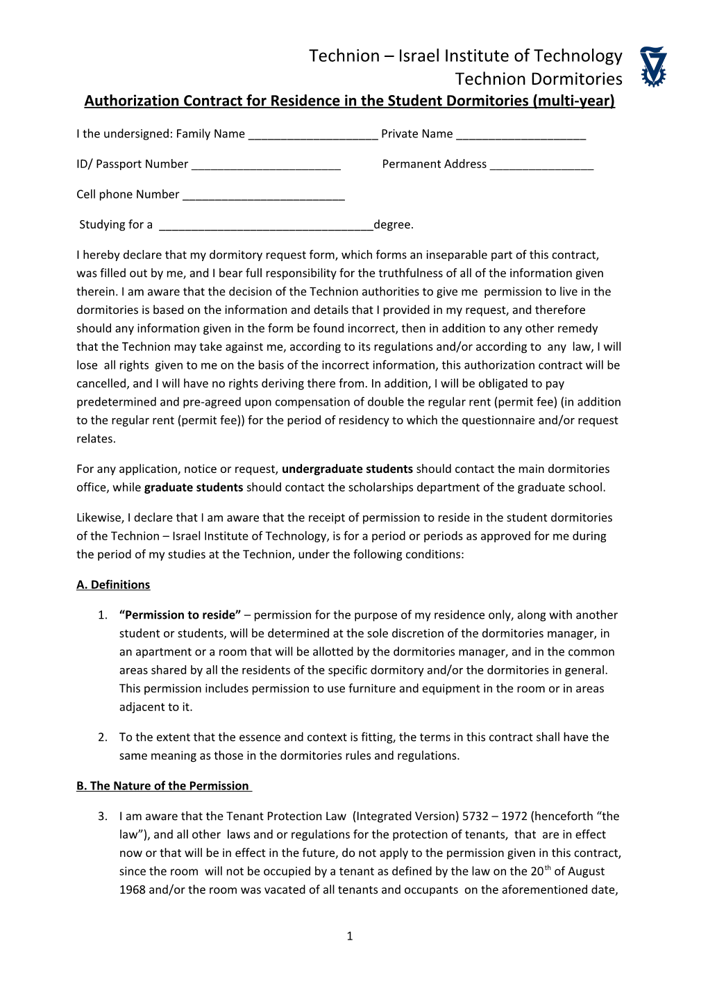 Authorizationcontract for Residence in the Student Dormitories (Multi-Year)