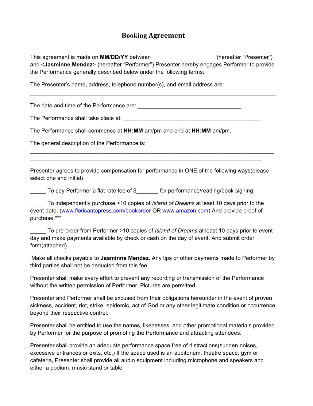 Booking Agreement Contract Printable Contract