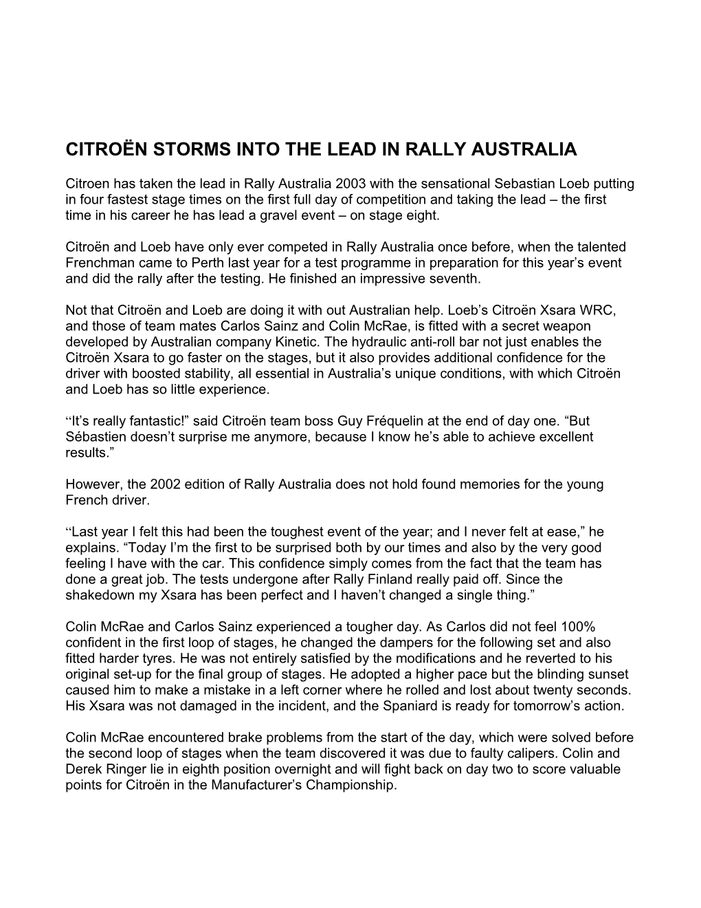 Citroën Storms Into the Lead in Rally Australia