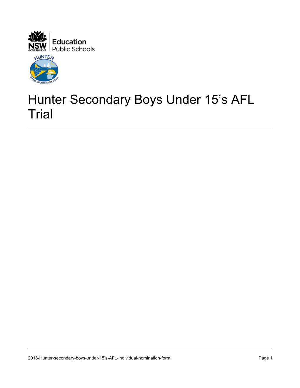 Hunter Secondary Boys Under 15'S AFL Trial Individual Nomination Form