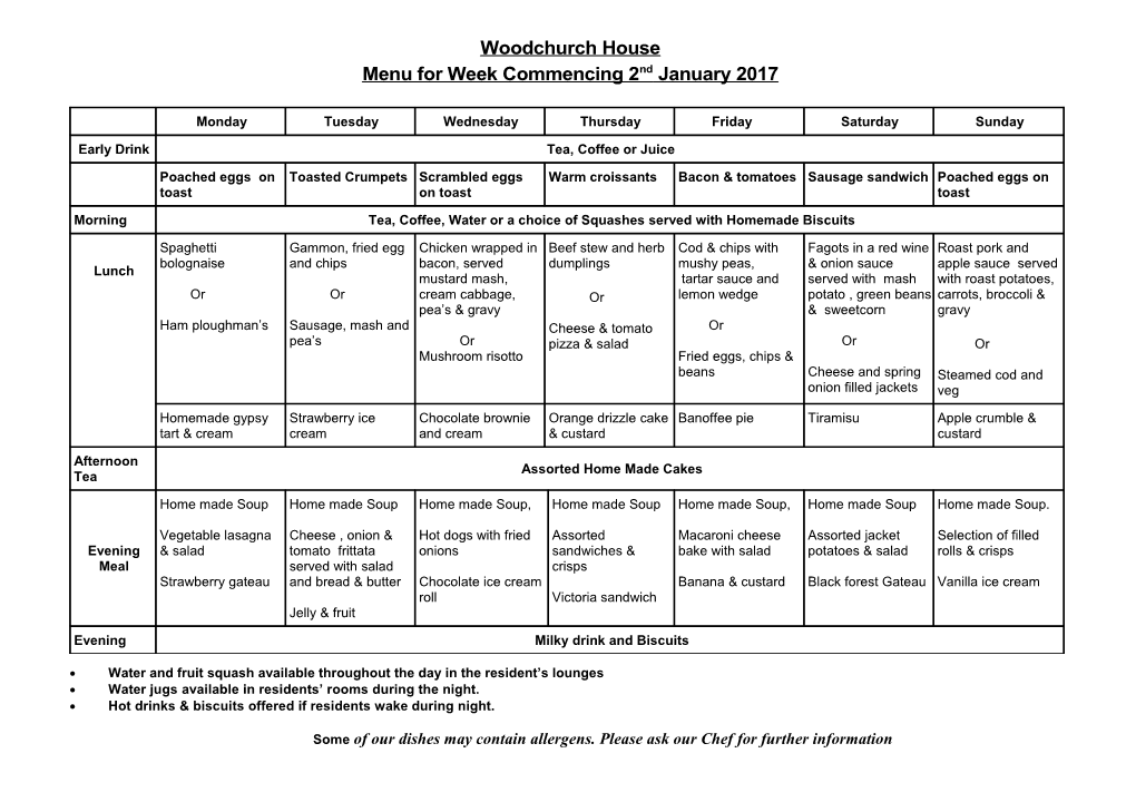 Menu for Week Commencing 2Nd January 2017