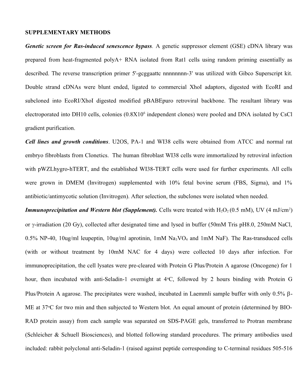 Supplement Methods Genetic Screen for Ras-Unduced Senescence Bypass