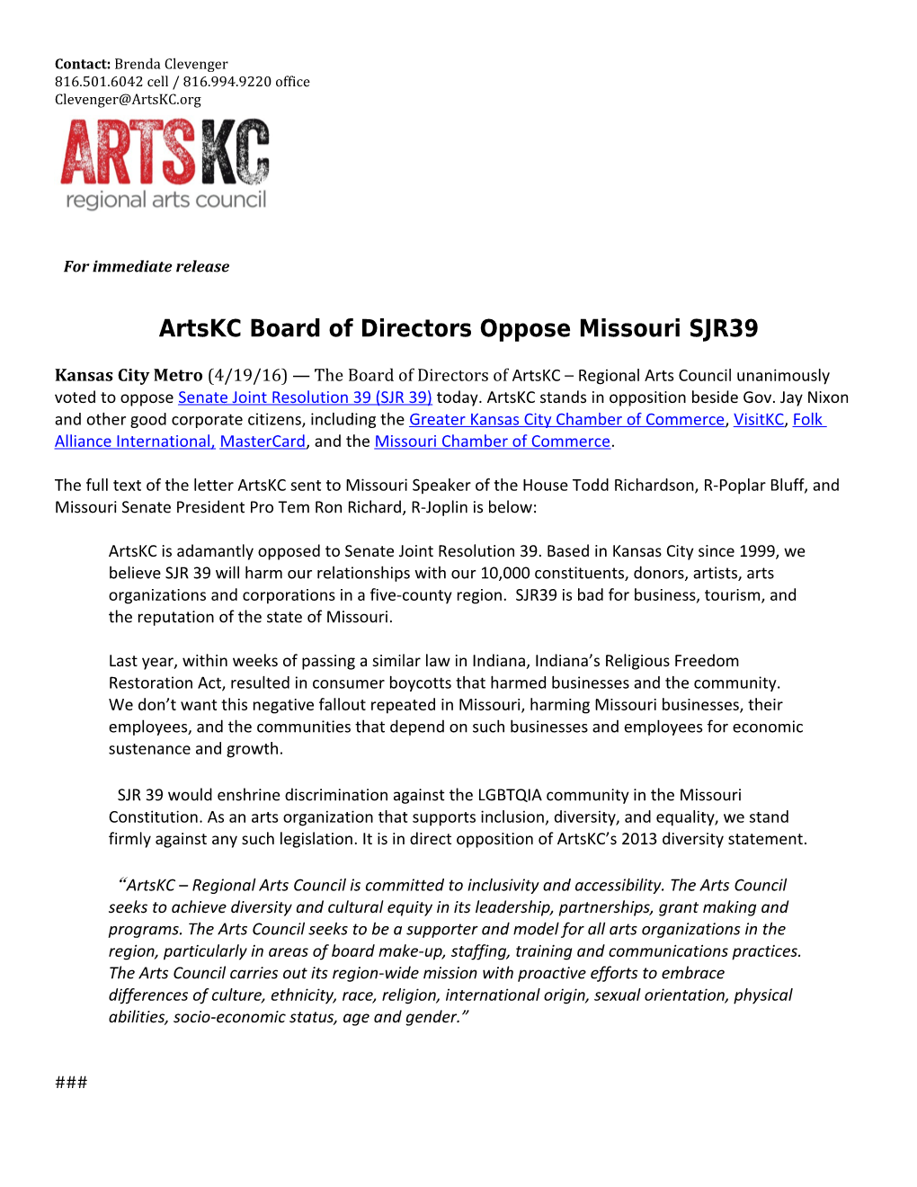 Artskc Board of Directors Oppose Missouri SJR39