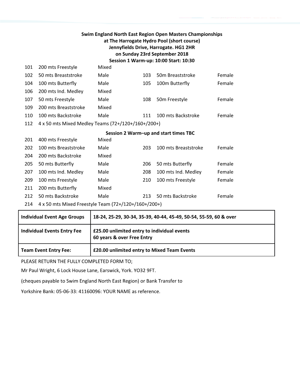 Swim England North East Region Open Masters Championships