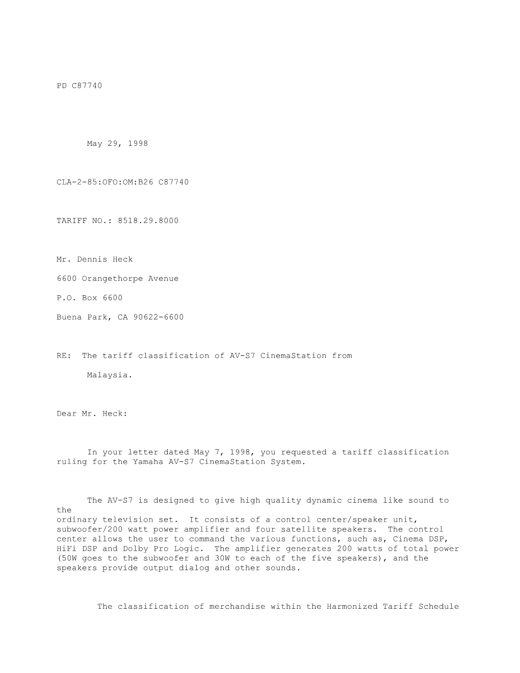 RE: the Tariff Classification of AV-S7 Cinemastation From
