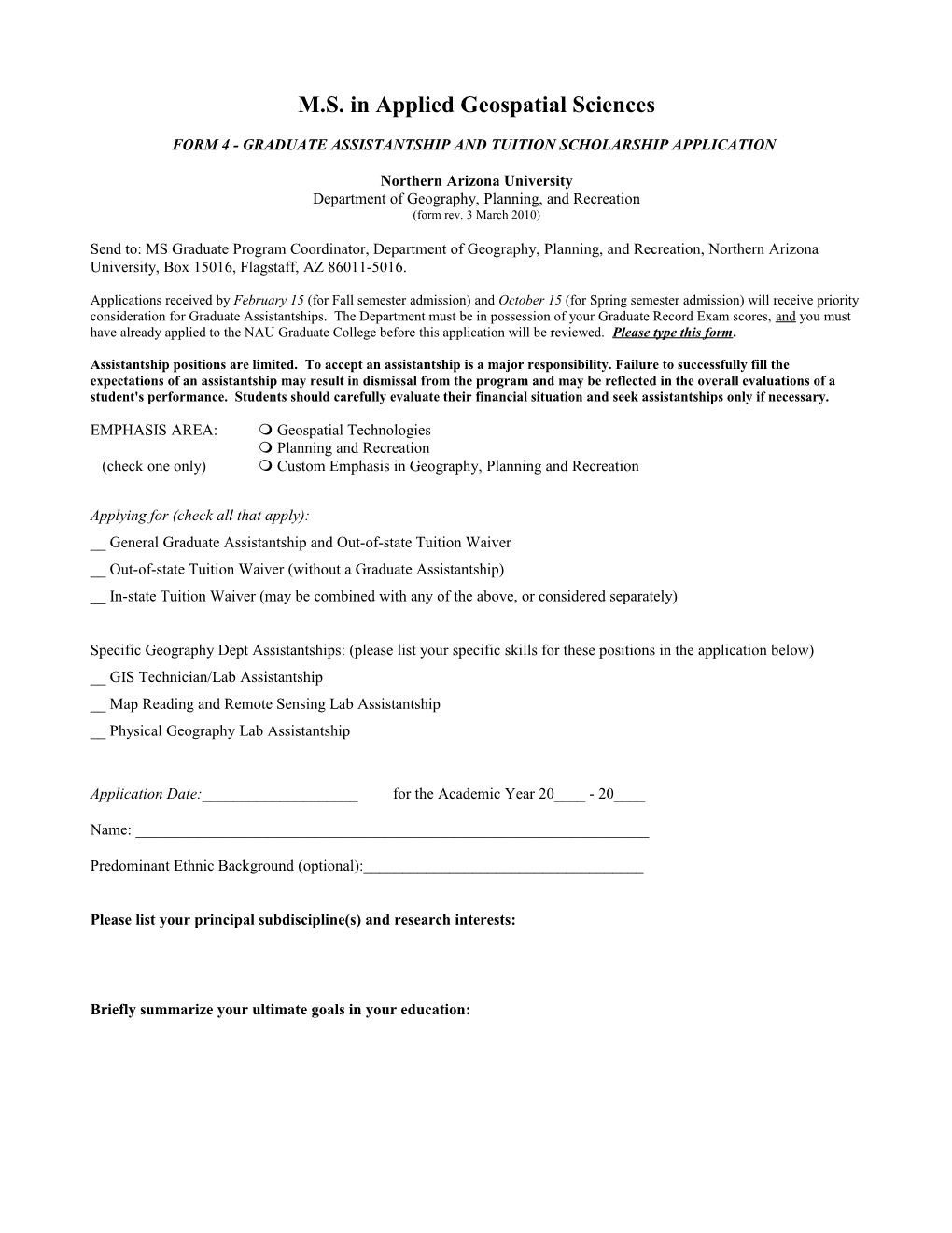 Form 4 - Graduate Assistantship and Tuition Scholarship Application