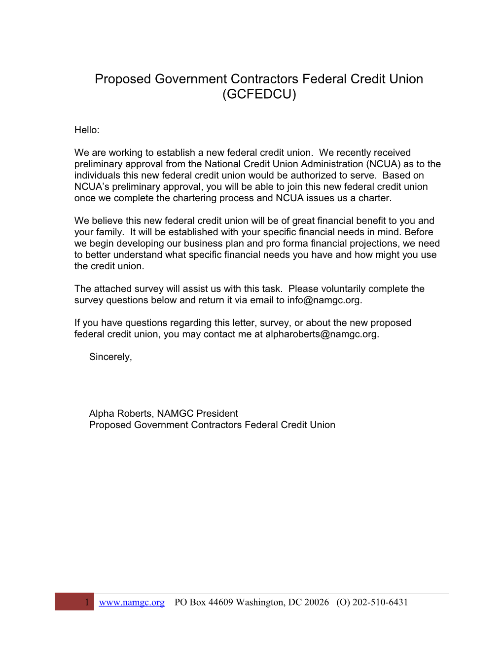 Proposed Government Contractors Federal Credit Union (GCFEDCU)