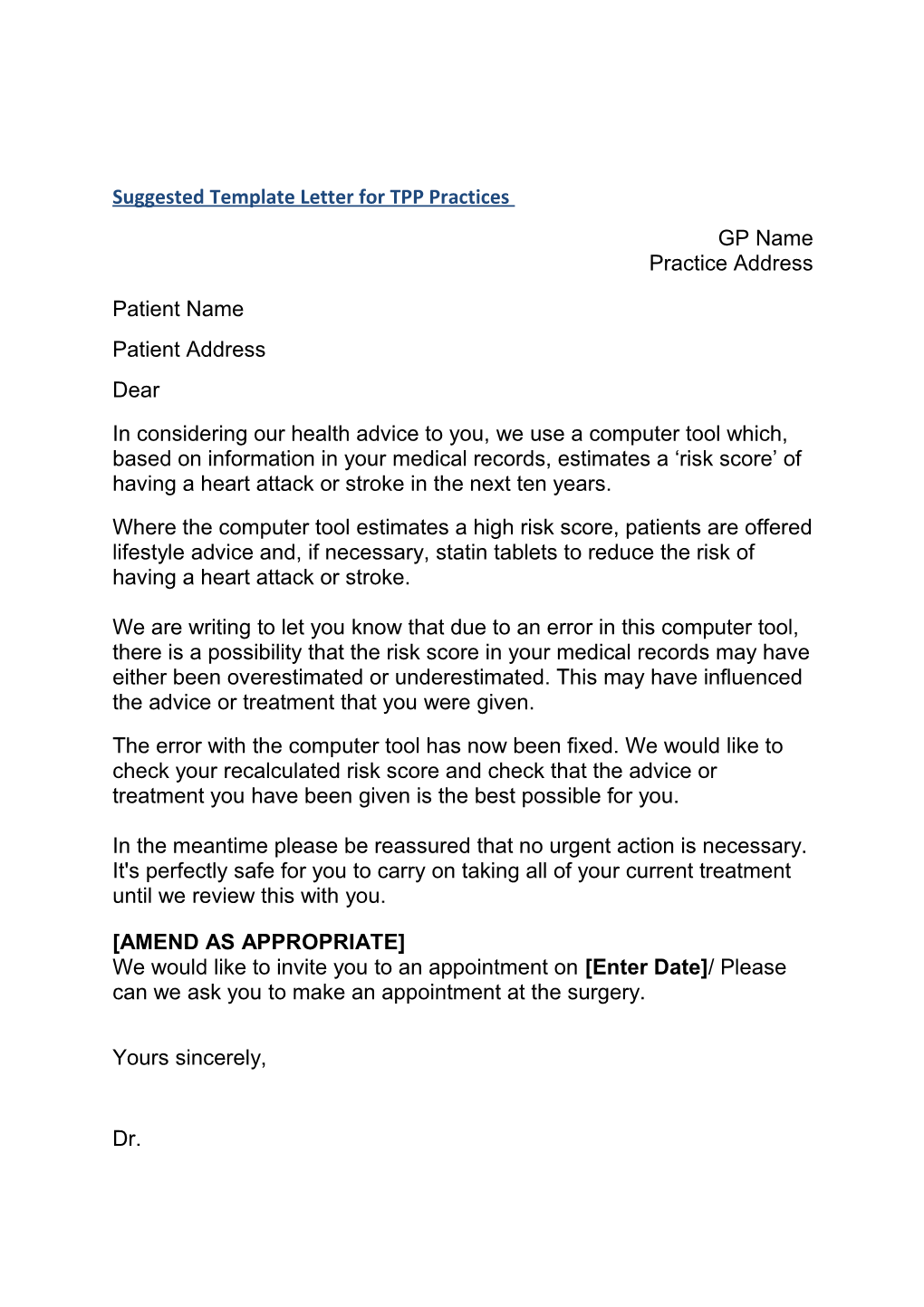 NHS England Suggested Template Letter