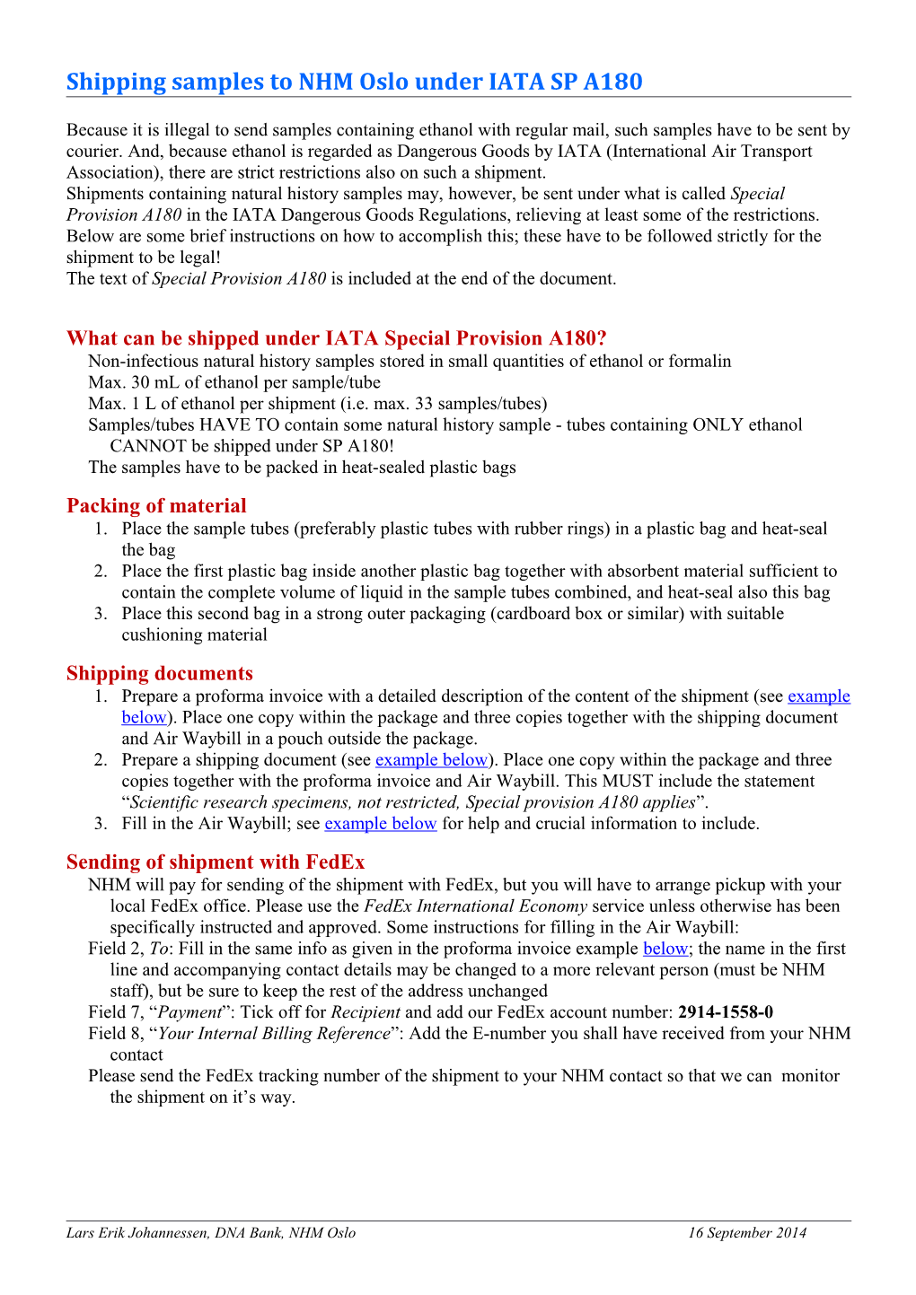 Shipping Samples to NHM Oslo Under IATA SP A180
