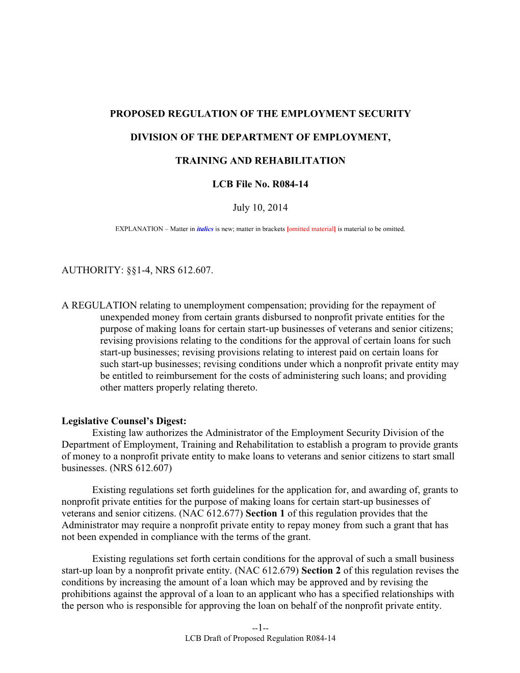 Proposed Regulation of the Employment Security Division of the Department of Employment