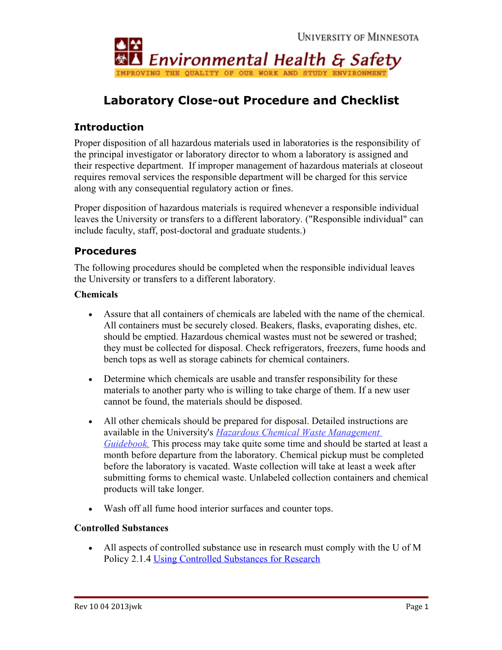 Laboratory Close-Out Procedure and Checklist