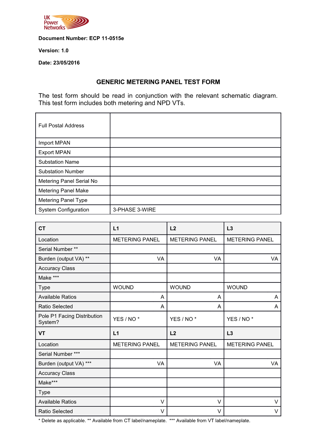 ECP 11-0515E Generic Metering Panel Test Form