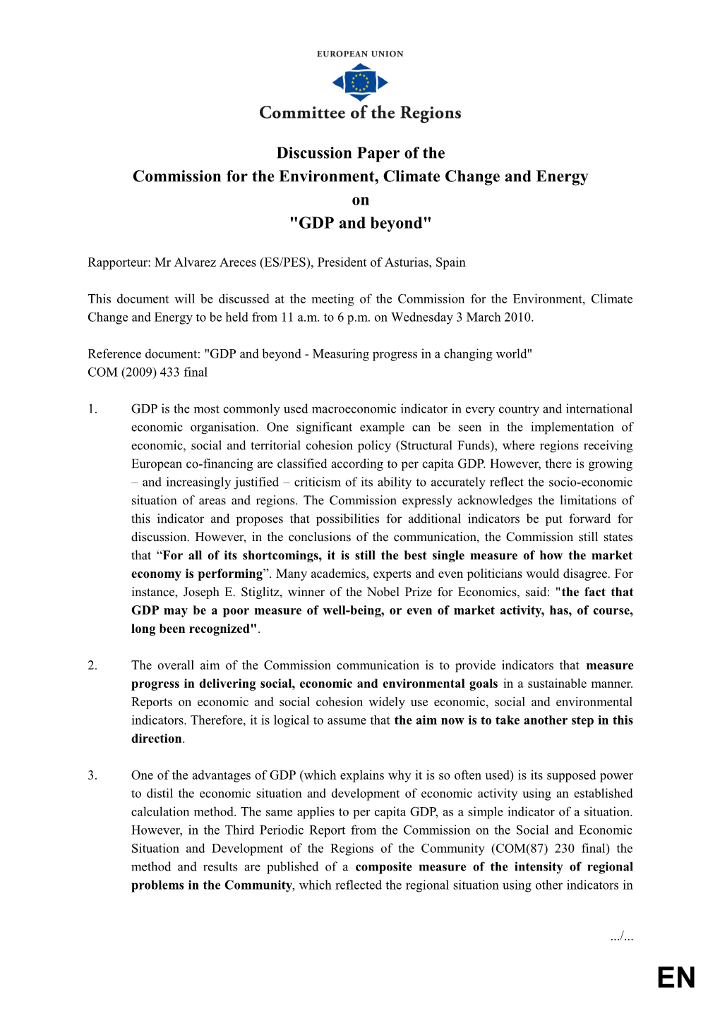 Discussion Paper of theCommission for the Environment, Climate Change and EnergyonGDP