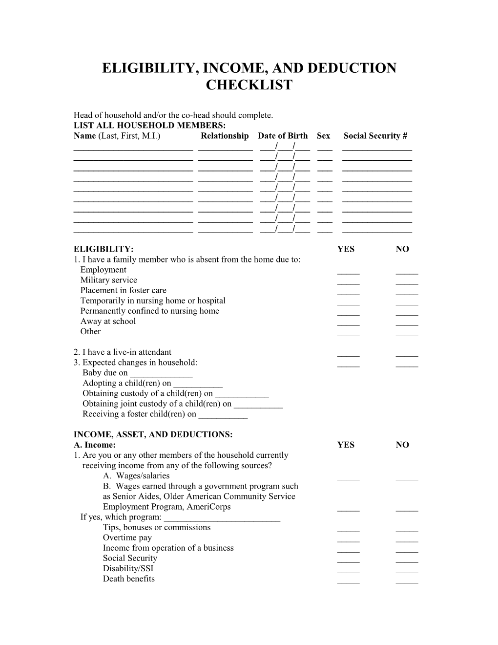 Eligibility, Income, and Deduction Checklist