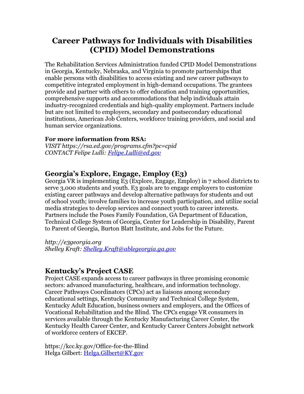 Career Pathways for Individuals with Disabilities (CPID) Model Demonstrations