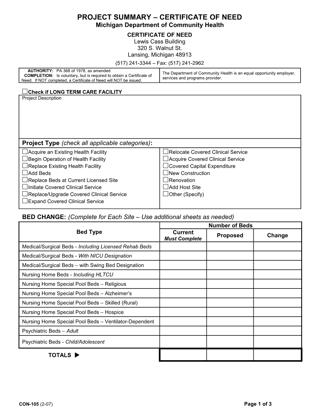 Project Summary Certificate of Need