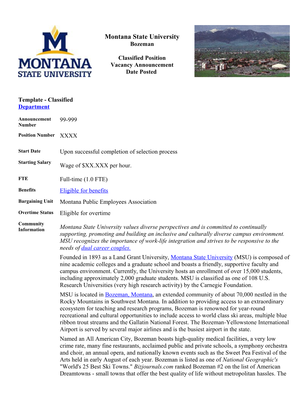 Montana State University Bozeman Classified Position Vacancy Announcement Date Posted