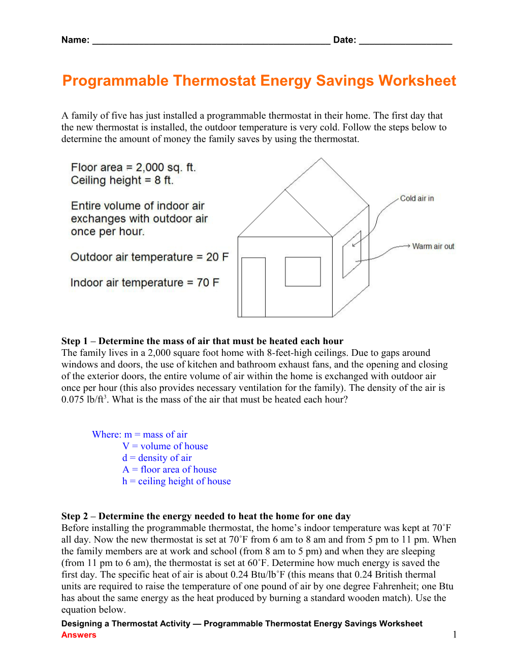 Programmable Thermostat Energy Savings Worksheet