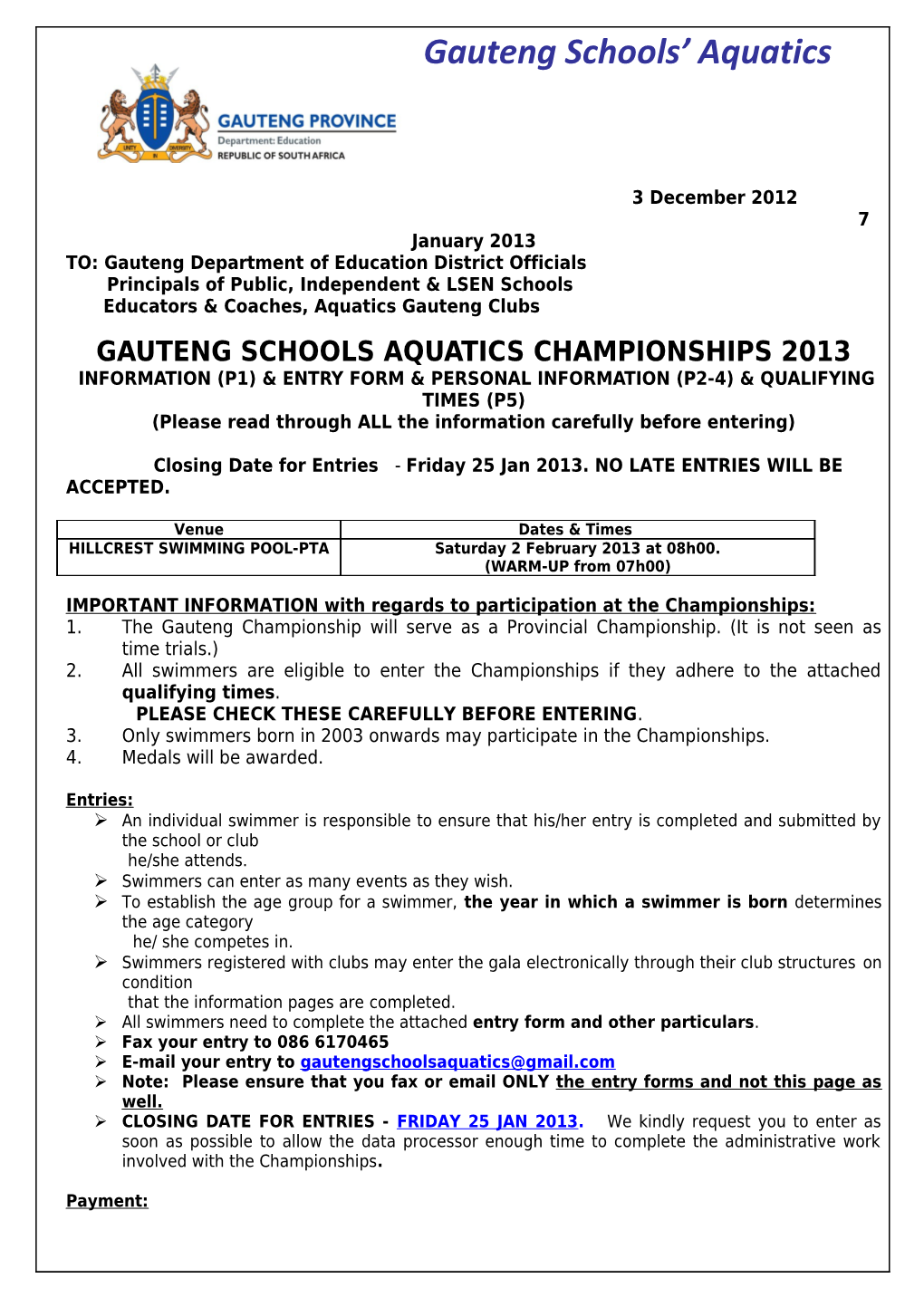 Gauteng Schools Aquatics