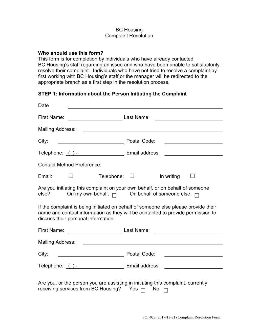 BC Housing S Complaint Resolution Form