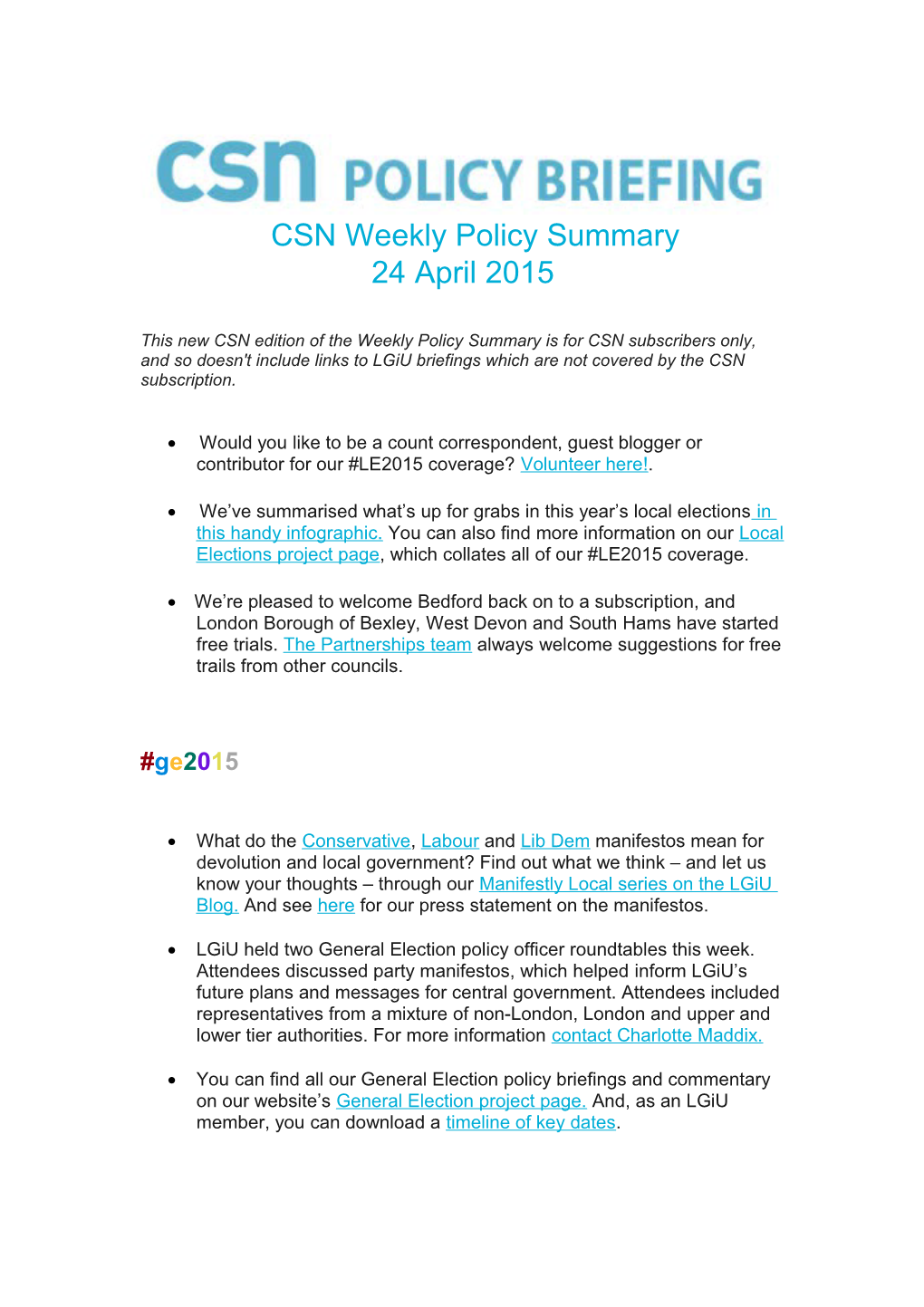 CSN Weekly Policy Summary