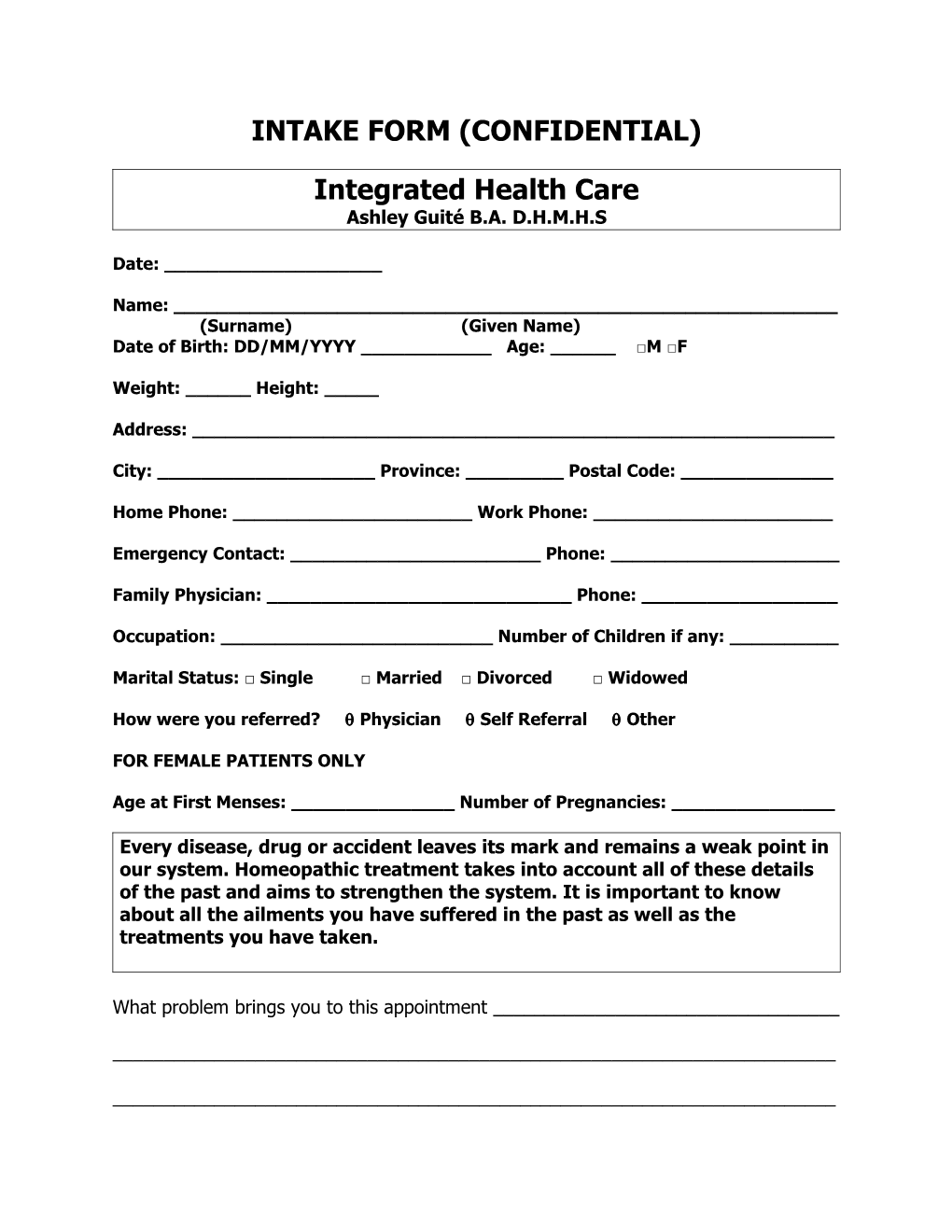 Adult Intake Form (Confidential)
