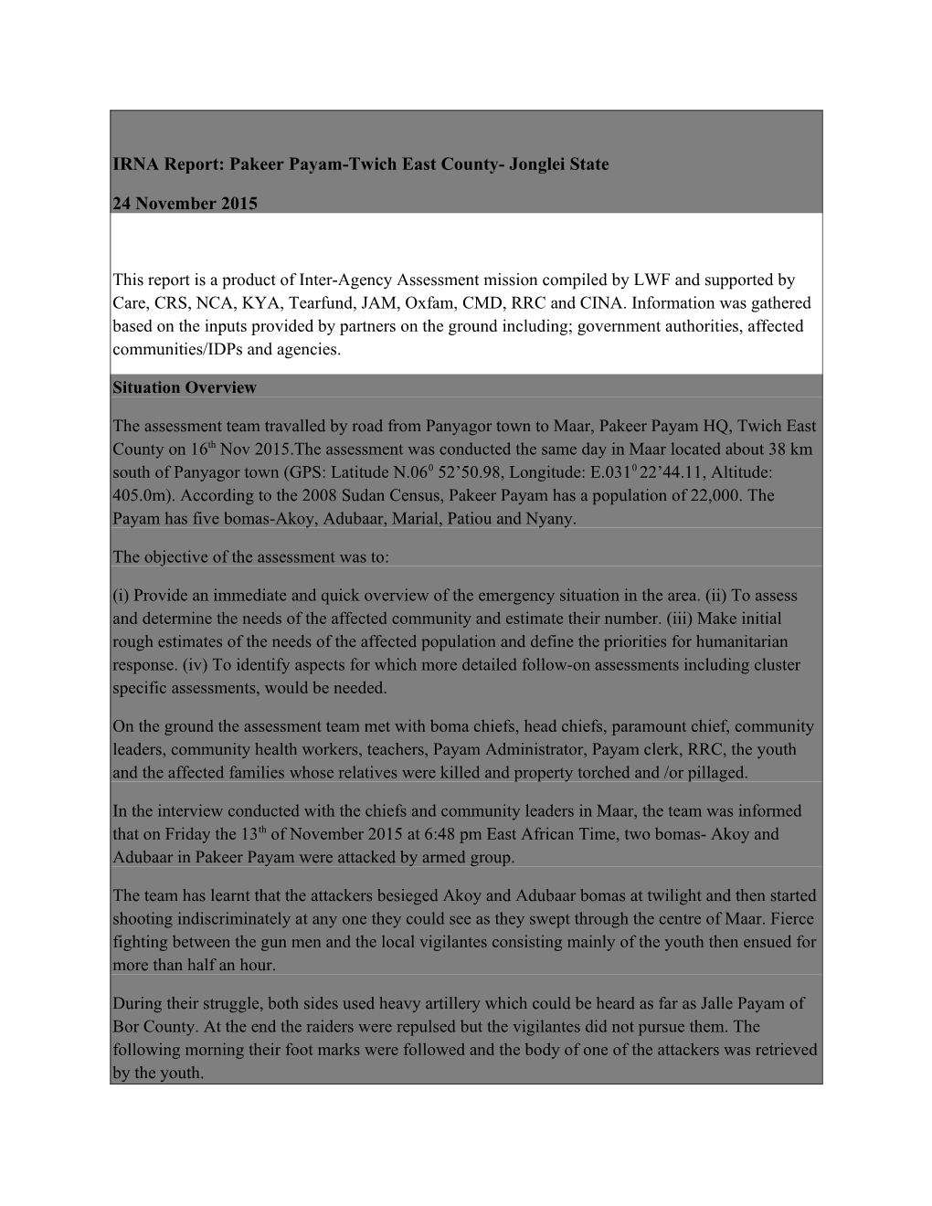IRNA Report: Pakeer Payam-Twich East County- Jonglei State