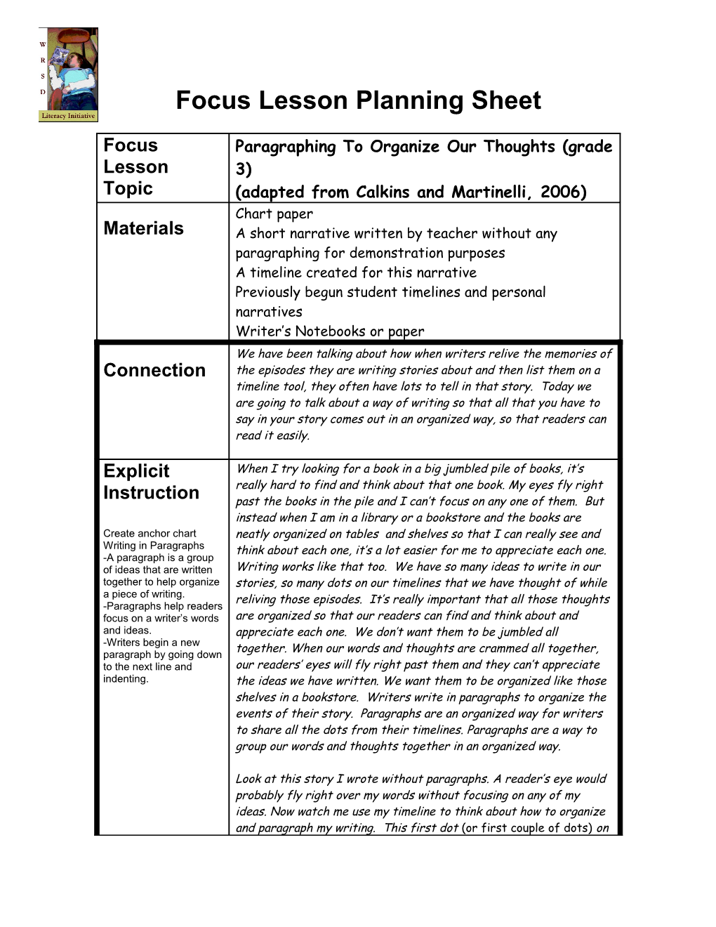 Focus Lesson Planning Sheet s2