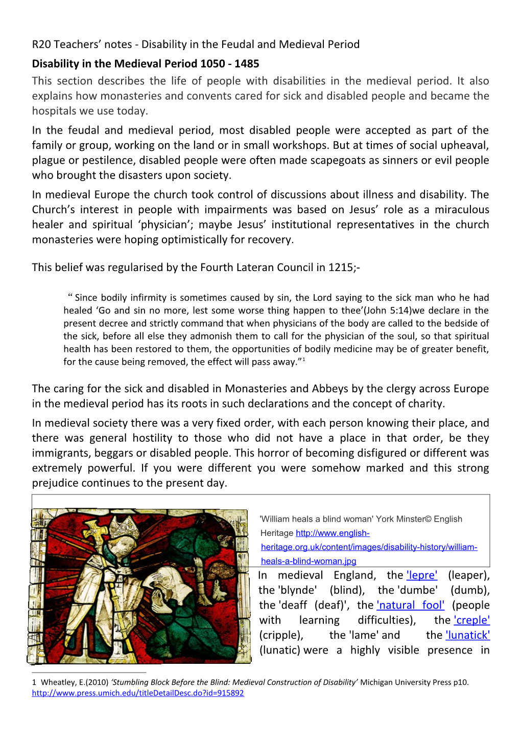 R20 Teachers Notes - Disability in the Feudal and Medieval Period