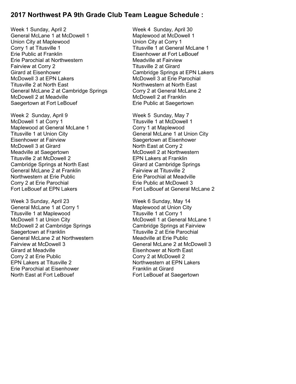 2008 Northwest PA 9Th Grade Club Team League Schedule