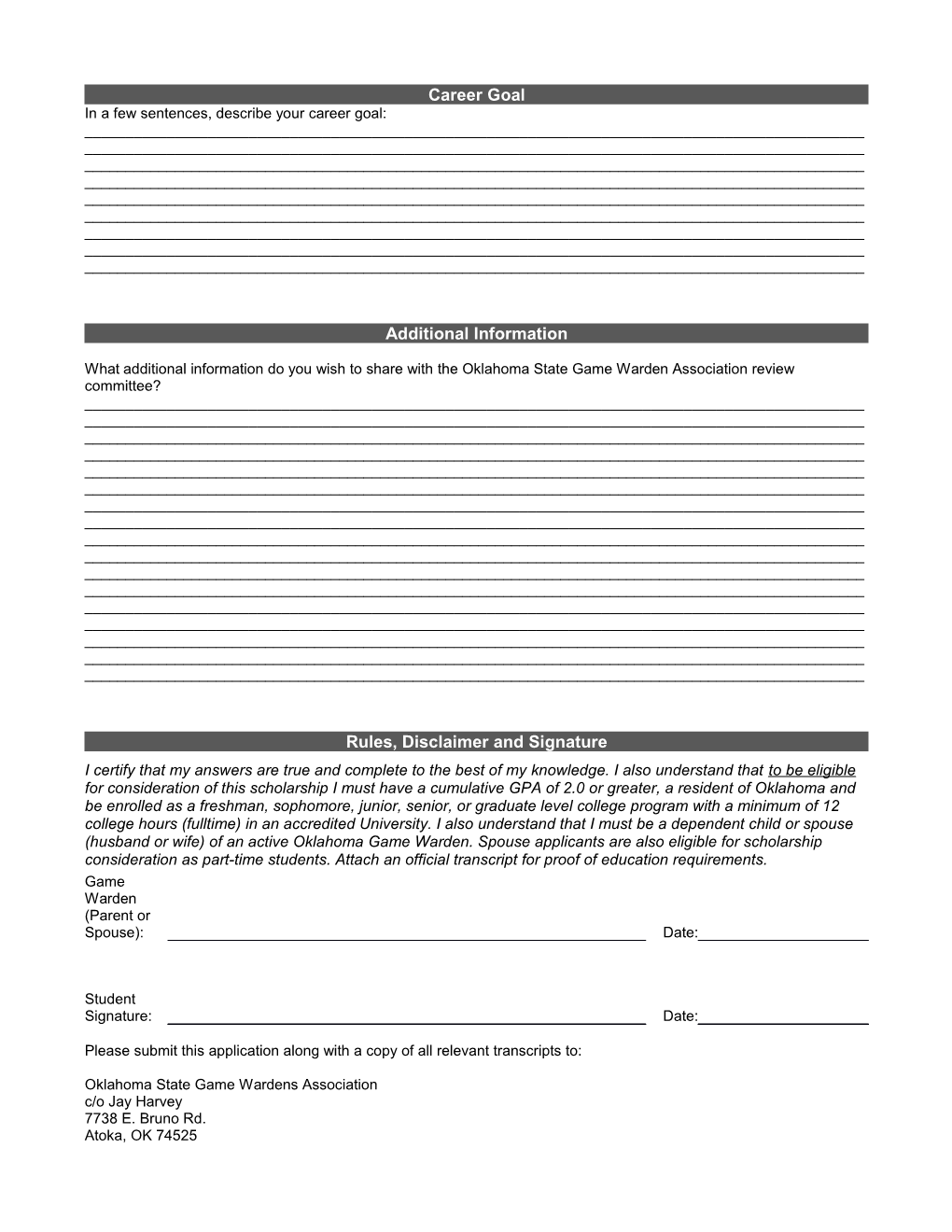 Game Warden Family College Scholarship Application