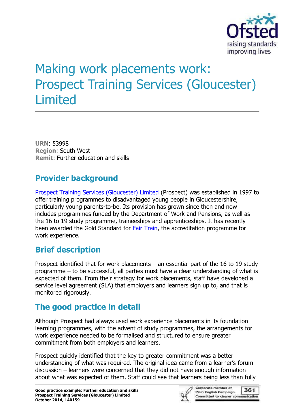 Making Work Placements Work: Prospect Training Services (Gloucester) Limited