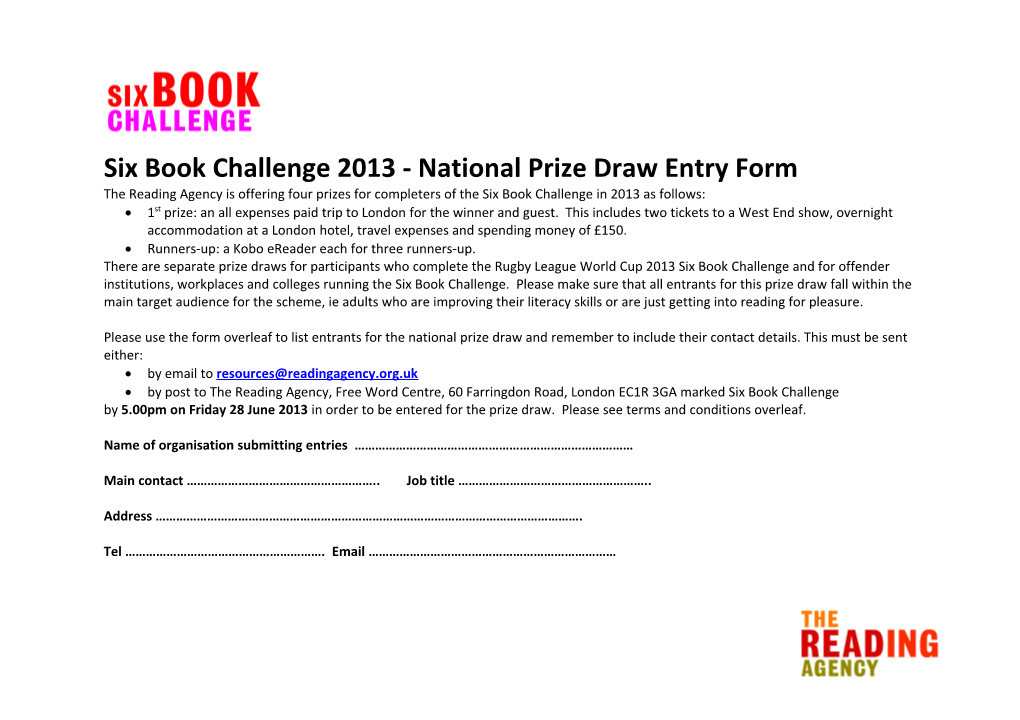 Six Book Challenge 2013 - National Prize Draw Entry Form
