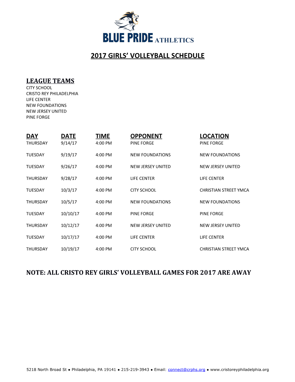 2017 Girls Volleyball Schedule