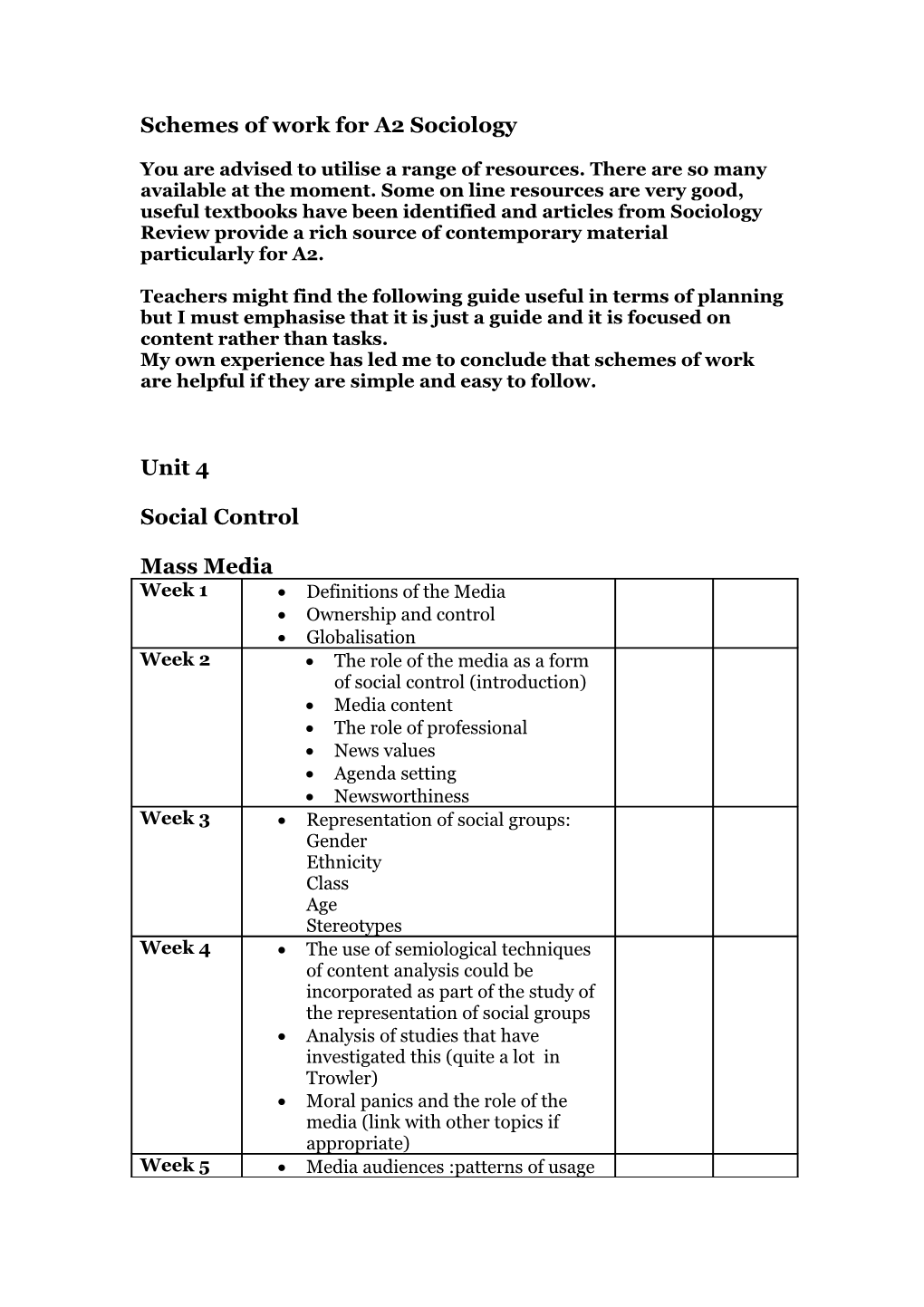 Schemes of Work for A2 Sociology