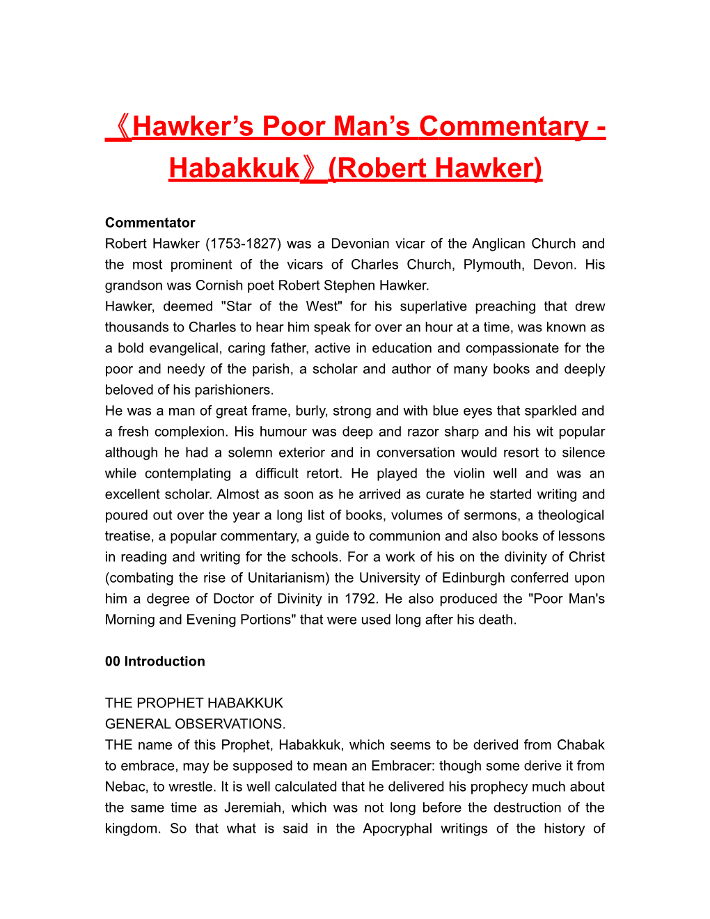 Hawker S Poor Man Scommentary-Habakkuk (Robert Hawker)